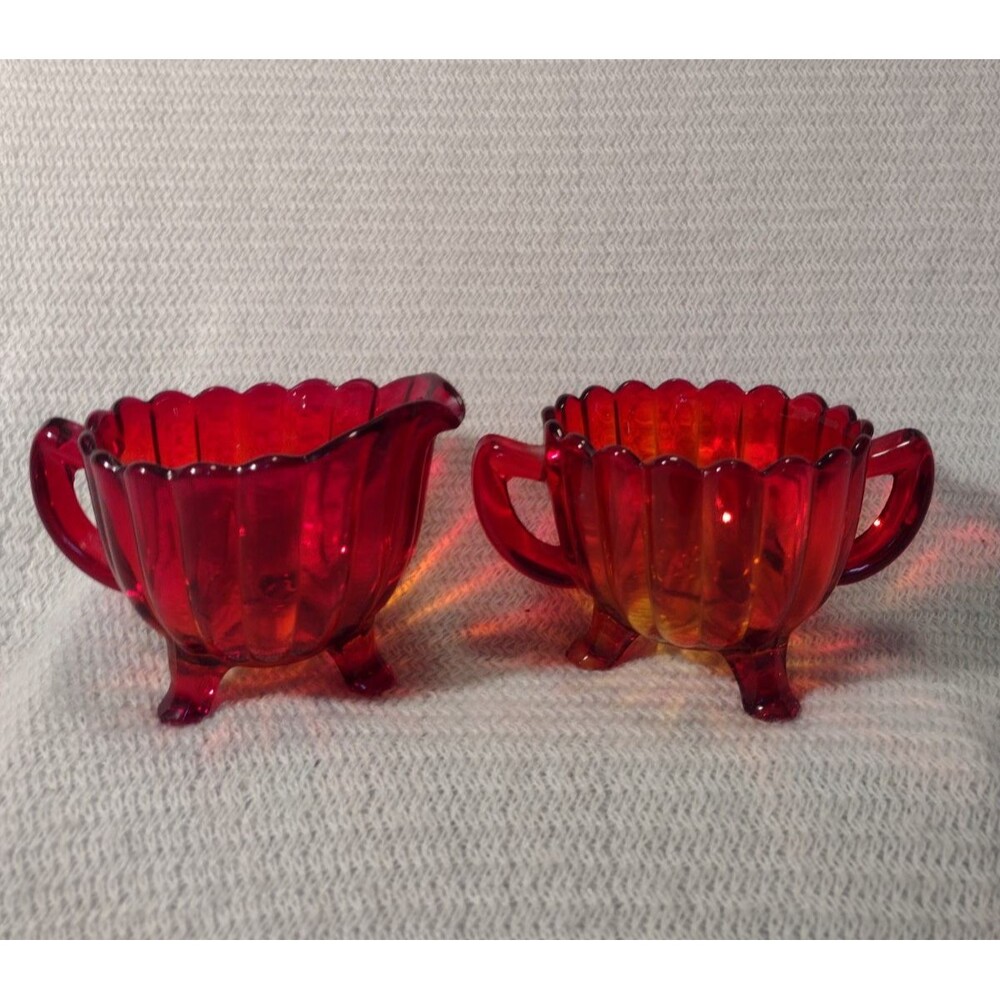 Vintage Imperial Pillar Flute Amberina Glass 3 Foot Sugar Bowl & Creamer Set MCM